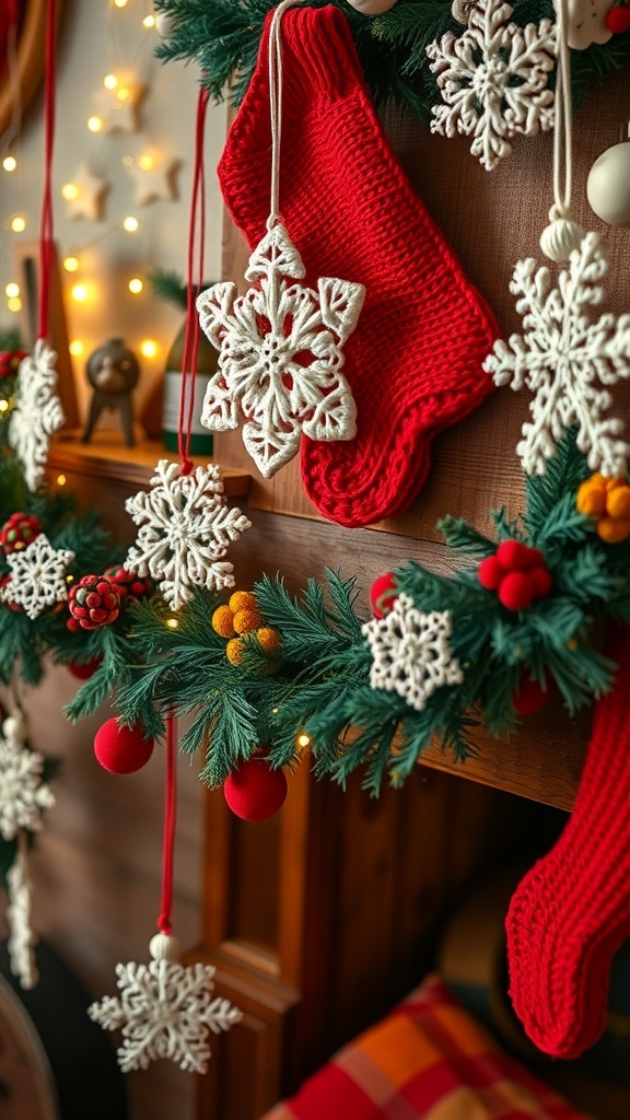 Handmade knitted Christmas decorations including a stocking, snowflakes, and a garland on a mantel with fairy lights.